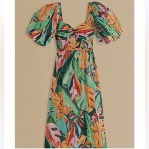 Farm Rio Banana Foliage Multi Colored Puffed Sleeves Midi Dress NWT Size XS